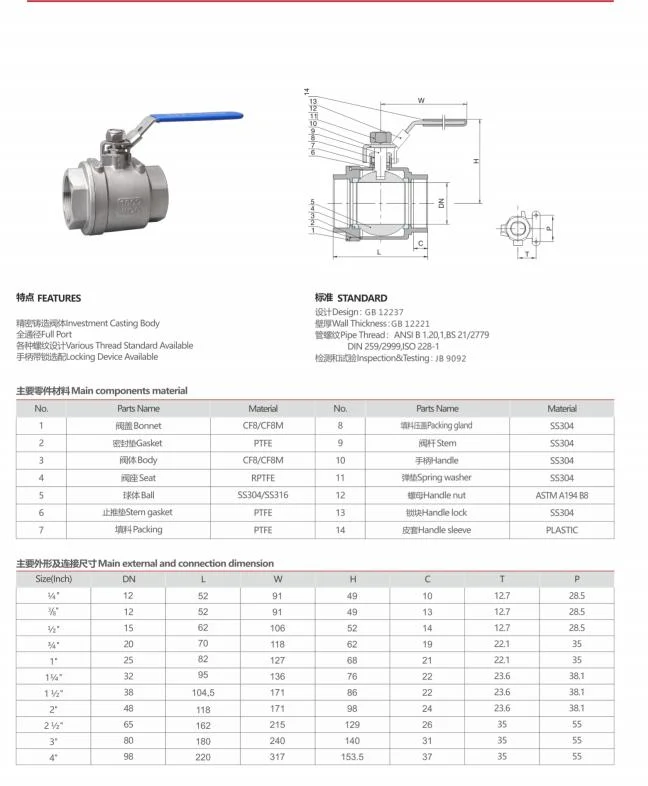 SS304 316 Stainless Steel Handle with Locking Internal Thread BSPP BSPT NPT 2PC Ball Valve